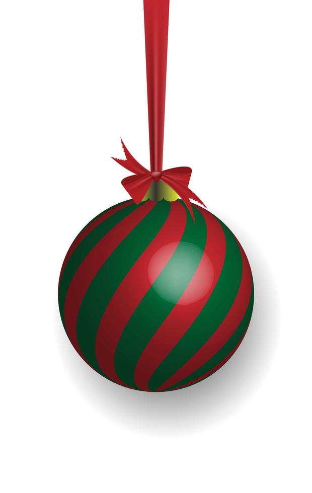 Boule de Noël verte avec torsion rouge sur un ruban avec un arc rouge isolé sur fond blanc vecteur