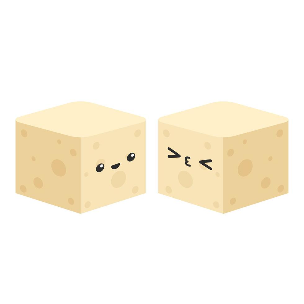 dessin animé mignon de tofu. heureux mignon souriant tofu drôle. conception de personnages. alimentation végétarienne, alimentation saine. vecteur