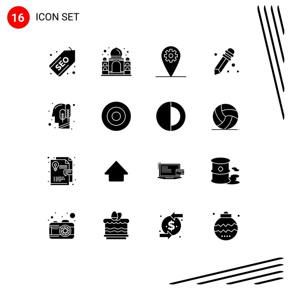 ensemble de 16 glyphes solides vectoriels sur la grille pour les fournitures scolaires de tête d'engrenage humain doré éléments de conception vectoriels modifiables vecteur
