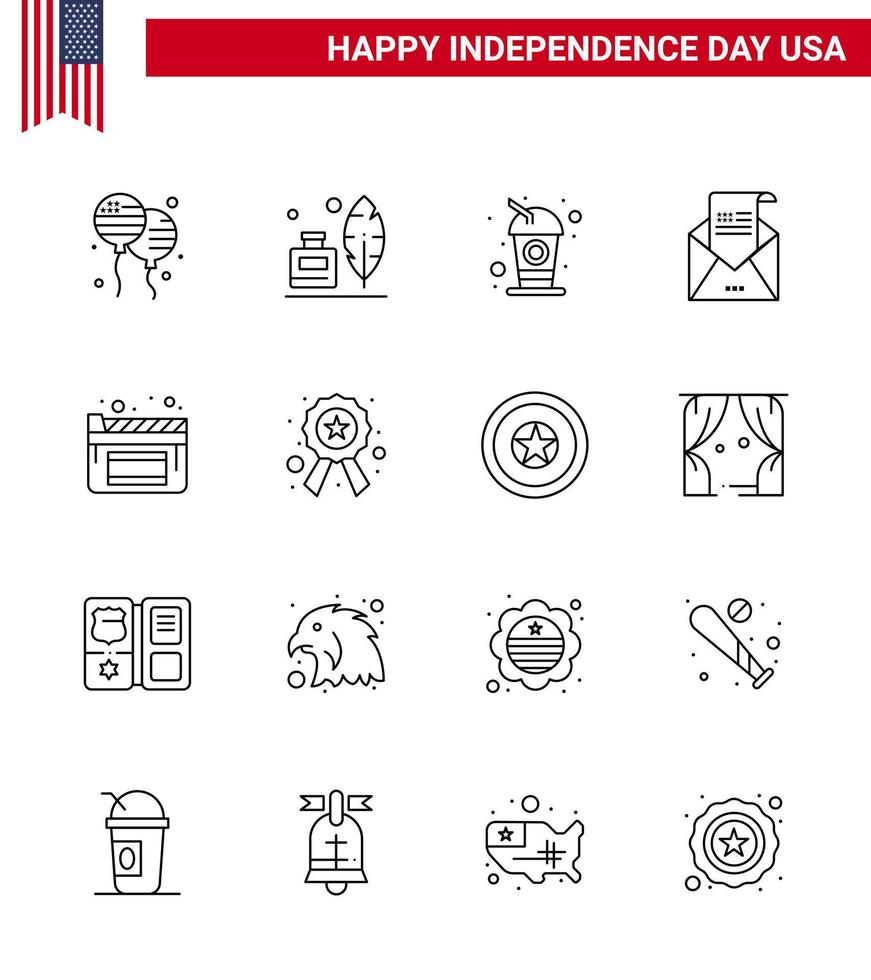 16 signes de ligne pour la fête de l'indépendance des états-unis cinéma invitation bouteille salutation email modifiable usa day vector design elements