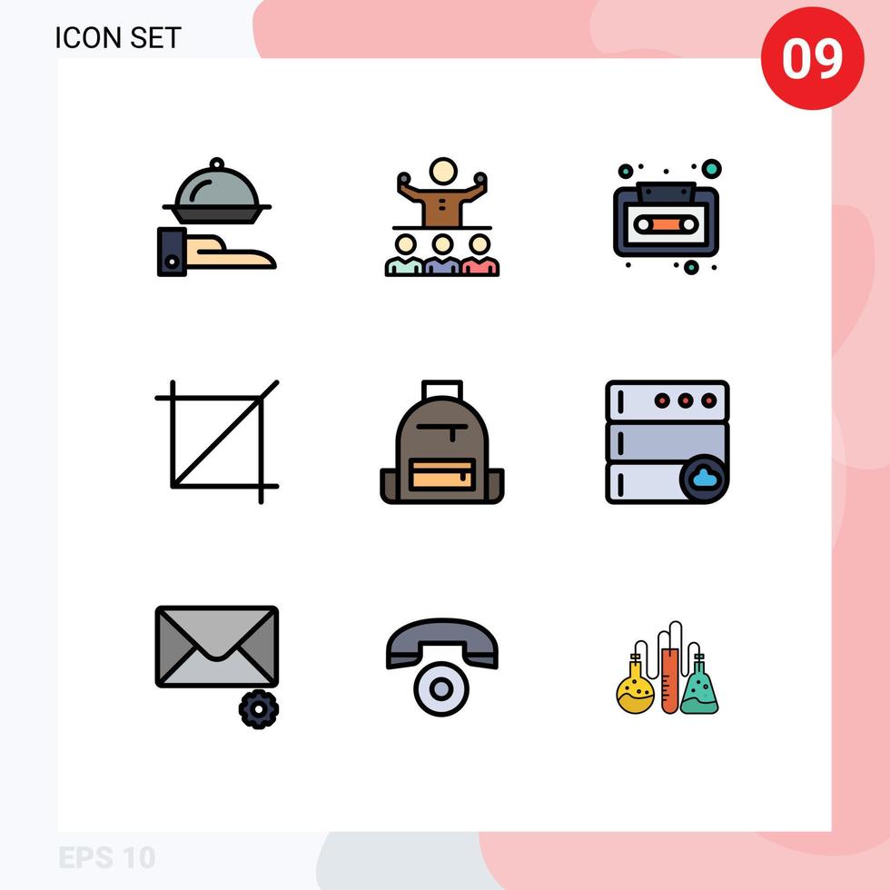 interface mobile filledline couleur plate ensemble de 9 pictogrammes d'éléments de conception vectorielle modifiables de bande d'outil d'équipe de sac à dos de camping vecteur
