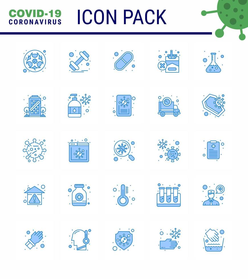 25 pack d'icônes de coronavirus covid19 bleu tel que le sport de fumer de flacon sans pilules coronavirus viral 2019nov éléments de conception de vecteur de maladie