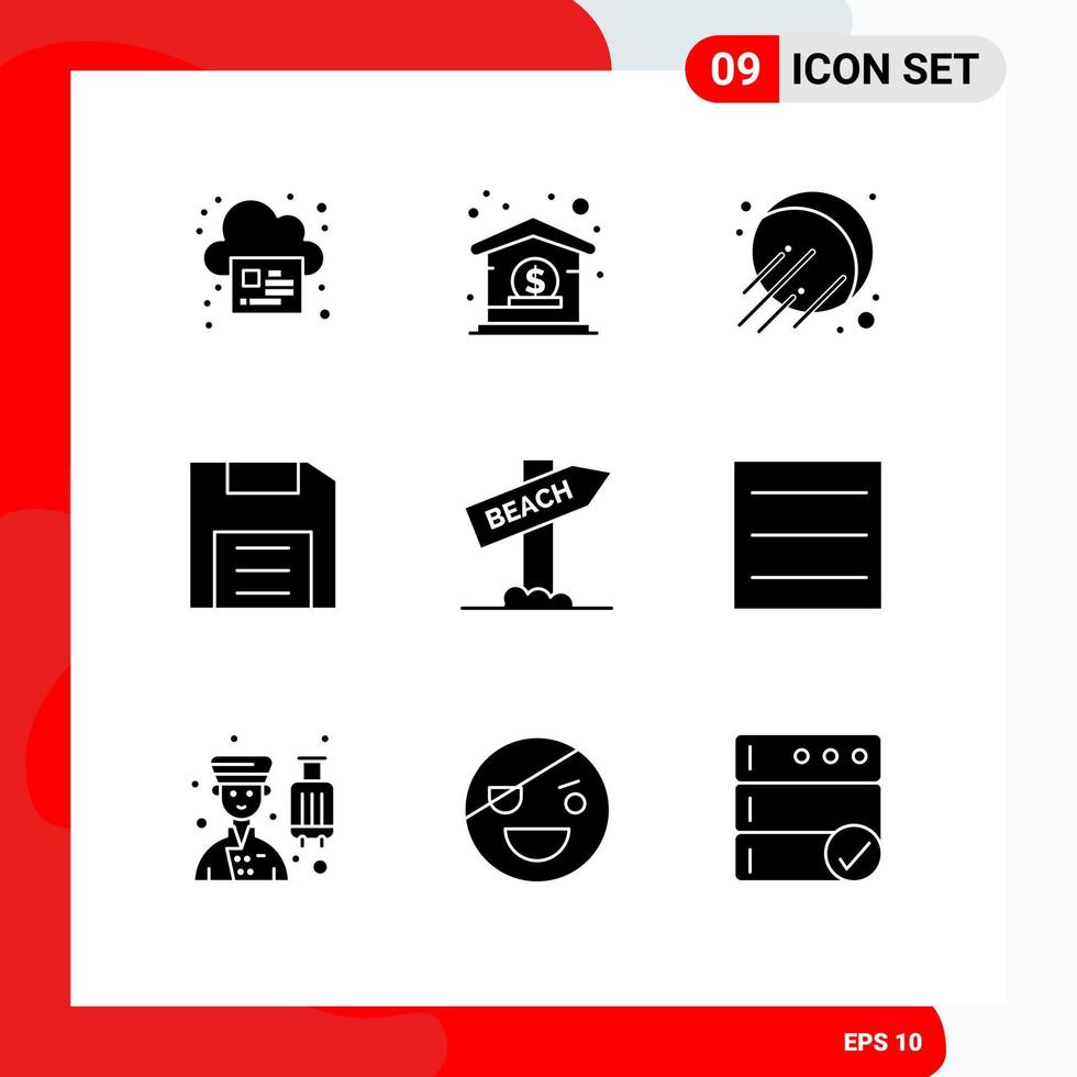 9 glyphes solides vectoriels thématiques et symboles modifiables d'éléments de conception vectoriels modifiables de dispositifs de disquette satellite de gadget de signe vecteur