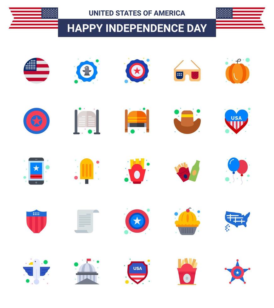 joyeux jour de l'indépendance pack de 25 appartements signes et symboles pour citrouille usa badge imerican lunettes de soleil modifiables usa day vector design elements