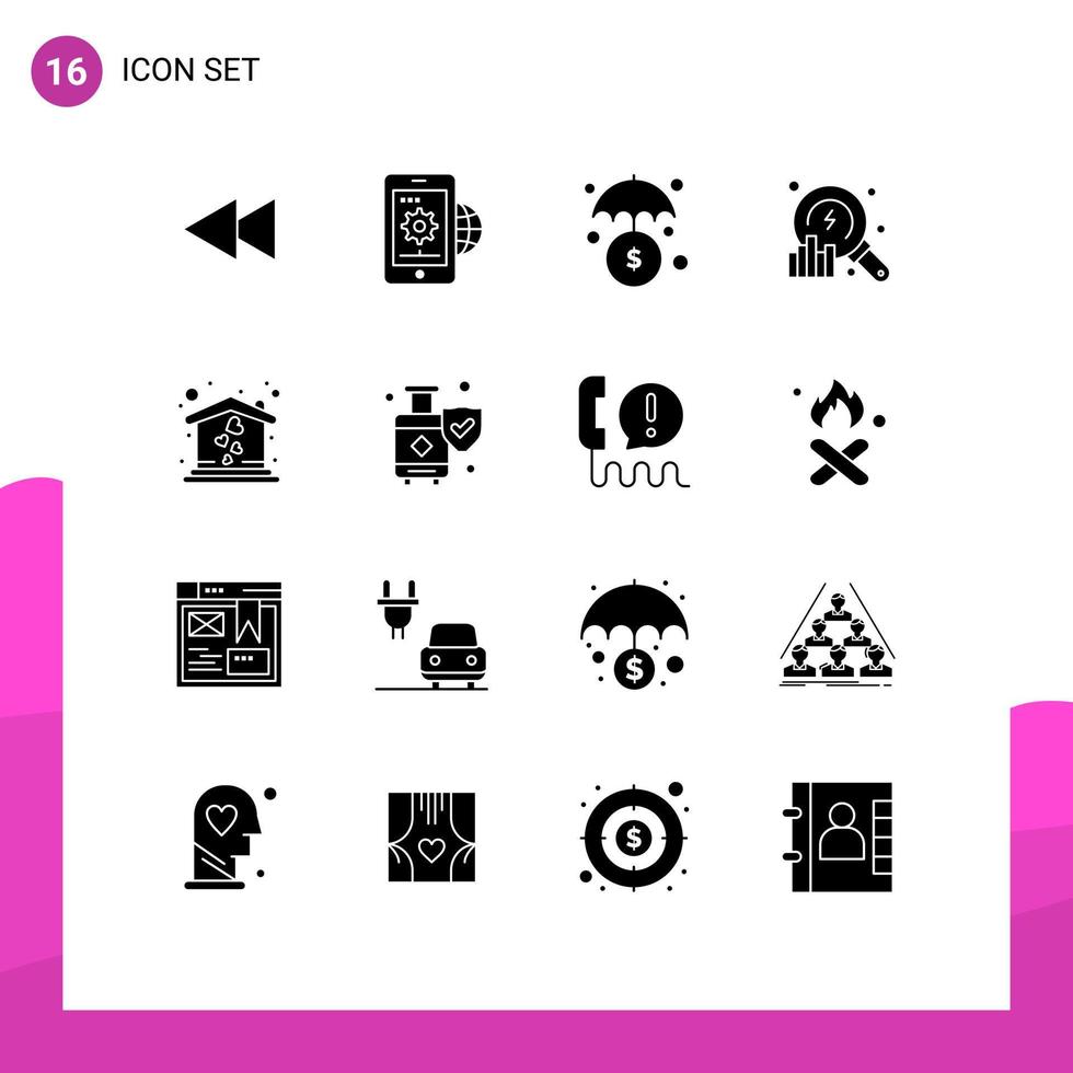 ensemble de 16 glyphes solides vectoriels sur la grille pour l'analyse de données de réglage de recherche d'amour éléments de conception vectoriels modifiables vecteur