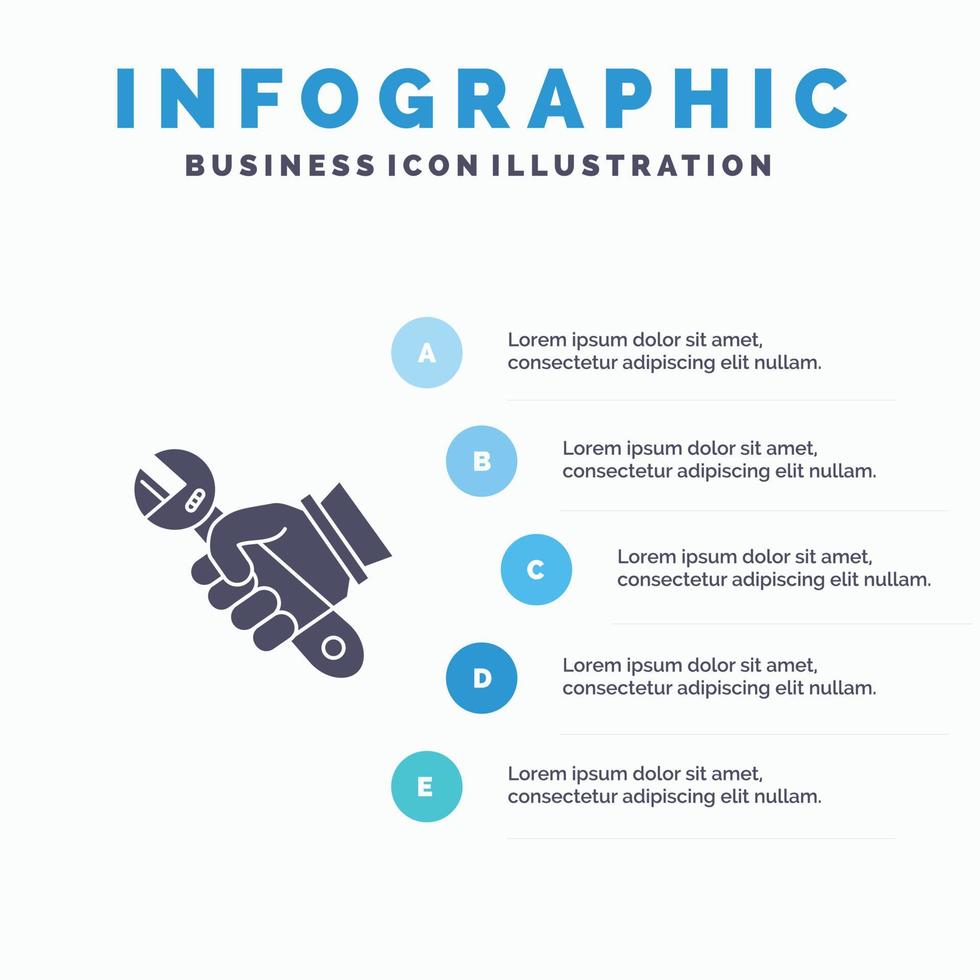 clé réparation réparer outils main solide icône infographie 5 étapes présentation arrière-plan vecteur