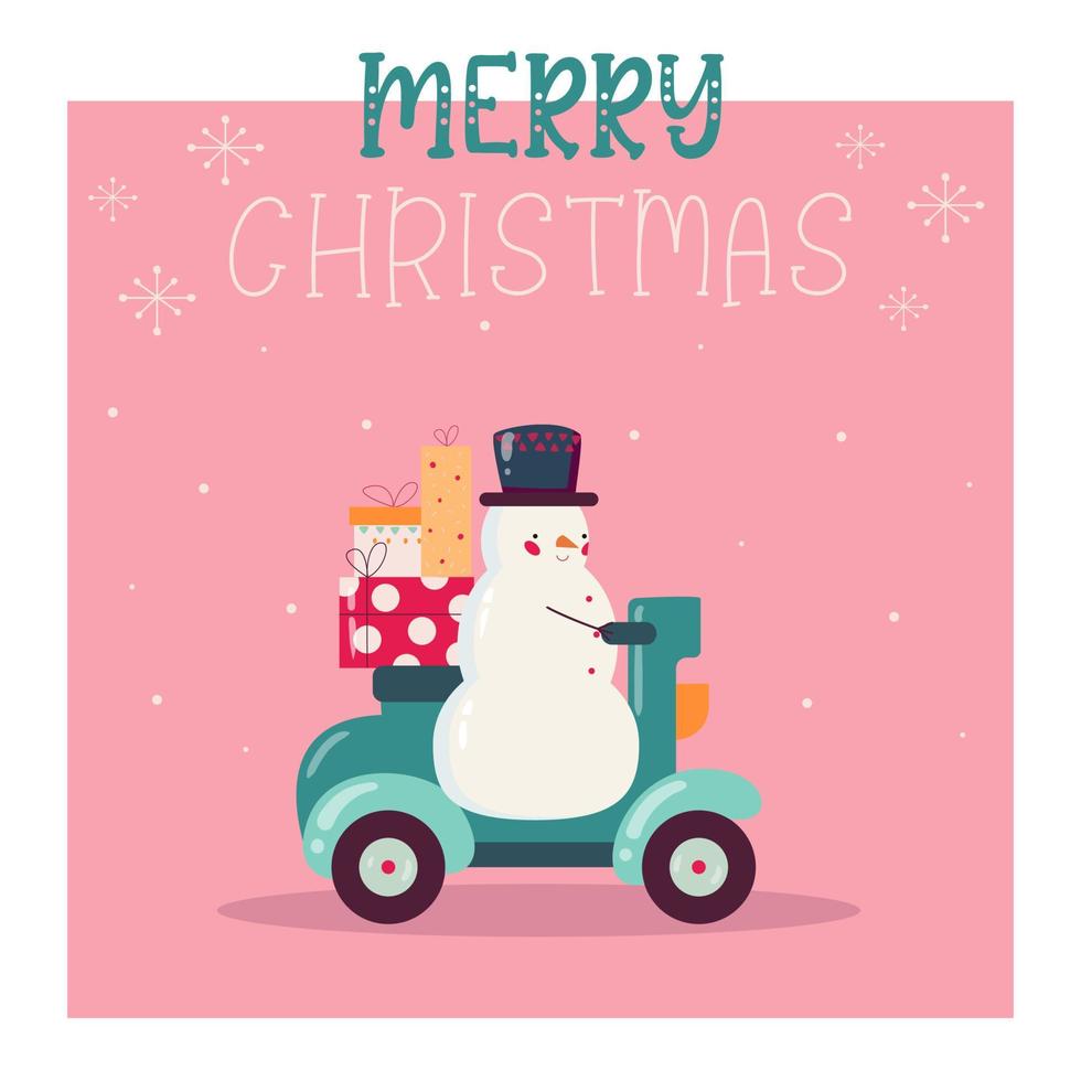 carte de joyeux noël. bonhomme de neige sur un cyclomoteur avec des cadeaux, fond rose vecteur