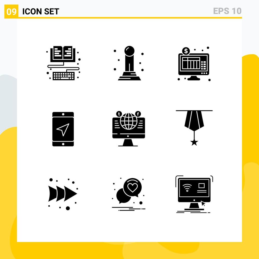 groupe de 9 signes et symboles de glyphes solides pour les éléments de conception vectoriels modifiables de l'emplacement du service internet du site Web de l'ordinateur vecteur