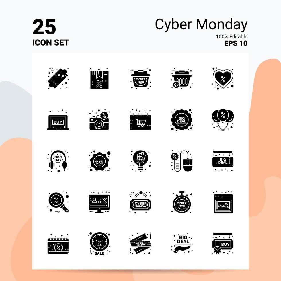 25 jeu d'icônes cyber lundi 100 fichiers eps modifiables 10 idées de concept de logo d'entreprise conception d'icône de glyphe solide vecteur