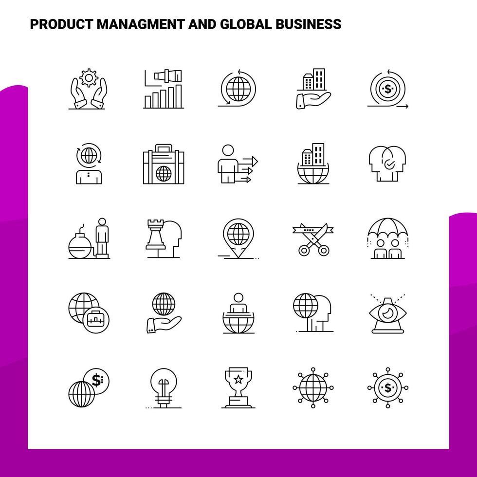 ensemble d'icônes de gestion de produits et de ligne d'affaires mondiales 25 icônes vectorielles conception de style minimalisme icônes noires définies pack de pictogrammes linéaires vecteur
