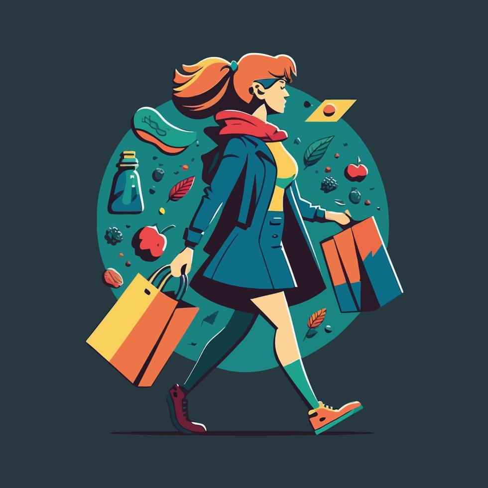 femme à la mode shopping portant des sacs. concept de dépendance au shopping, illustration de style plat vecteur accro du shopping
