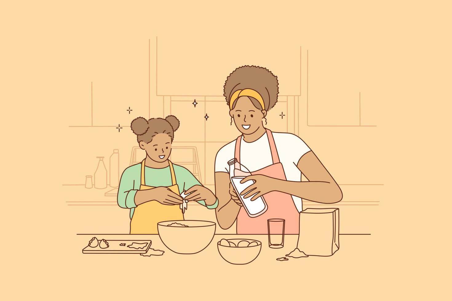 cuisiner ensemble et passer du temps avec le concept des enfants. jeune souriant belle femme afro-américaine mère et sa fille cuisiner dans la cuisine ensemble mélanger les ingrédients illustration vectorielle vecteur