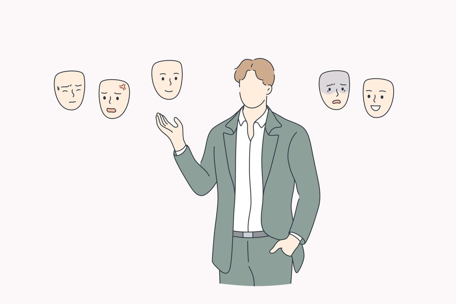 choisir l'humeur, le concept d'identité de soi. homme d'affaires sans visage debout et choisissant le bon masque à porter en essayant de ressentir son identité et son état d'esprit illustration vectorielle vecteur