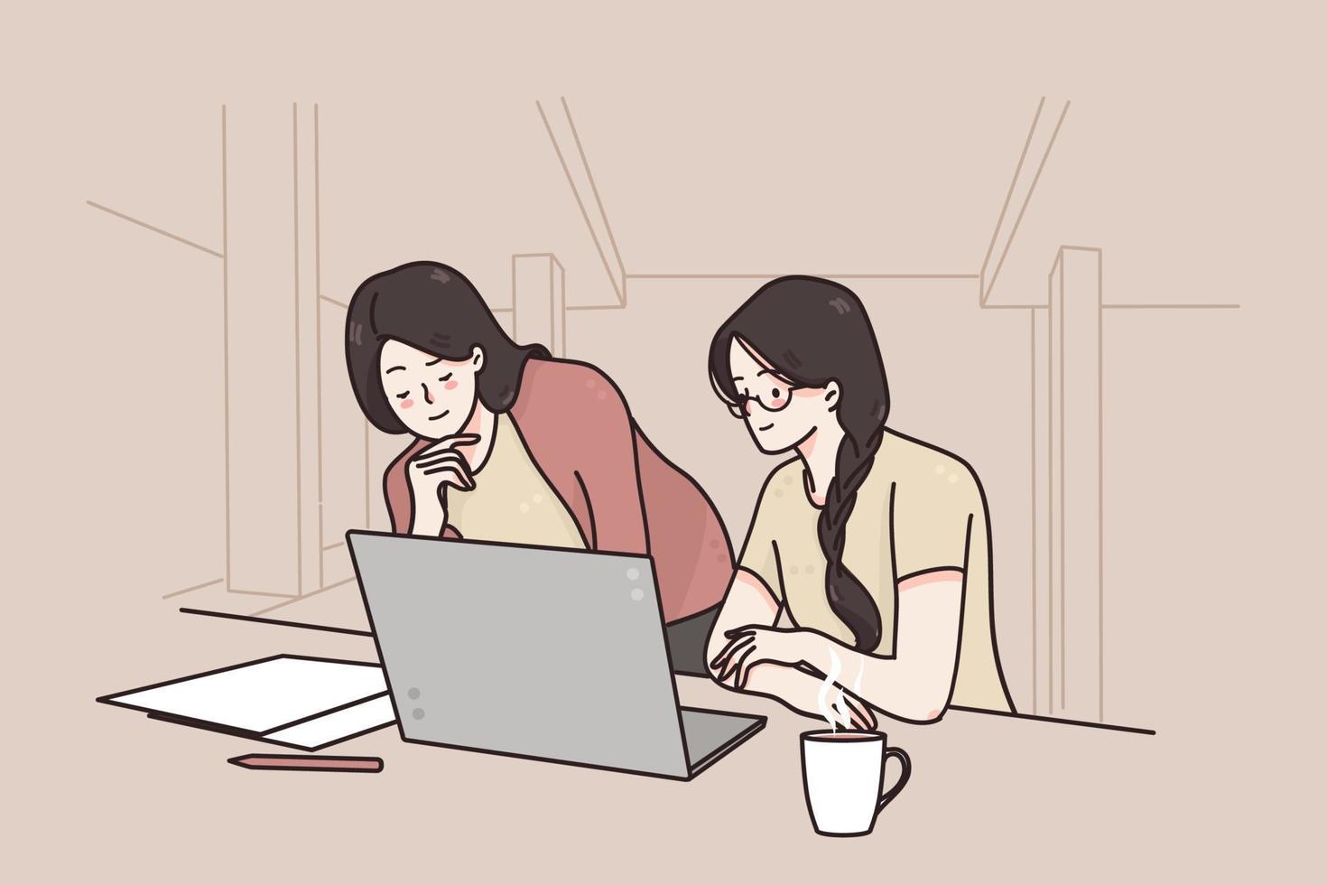 travail d'équipe, travail au bureau, concept de personnel féminin de l'entreprise. jeunes femmes souriantes employées de bureau partenaires personnages de dessins animés discutant des détails du projet ensemble sur un ordinateur portable et des documents illustration vecteur