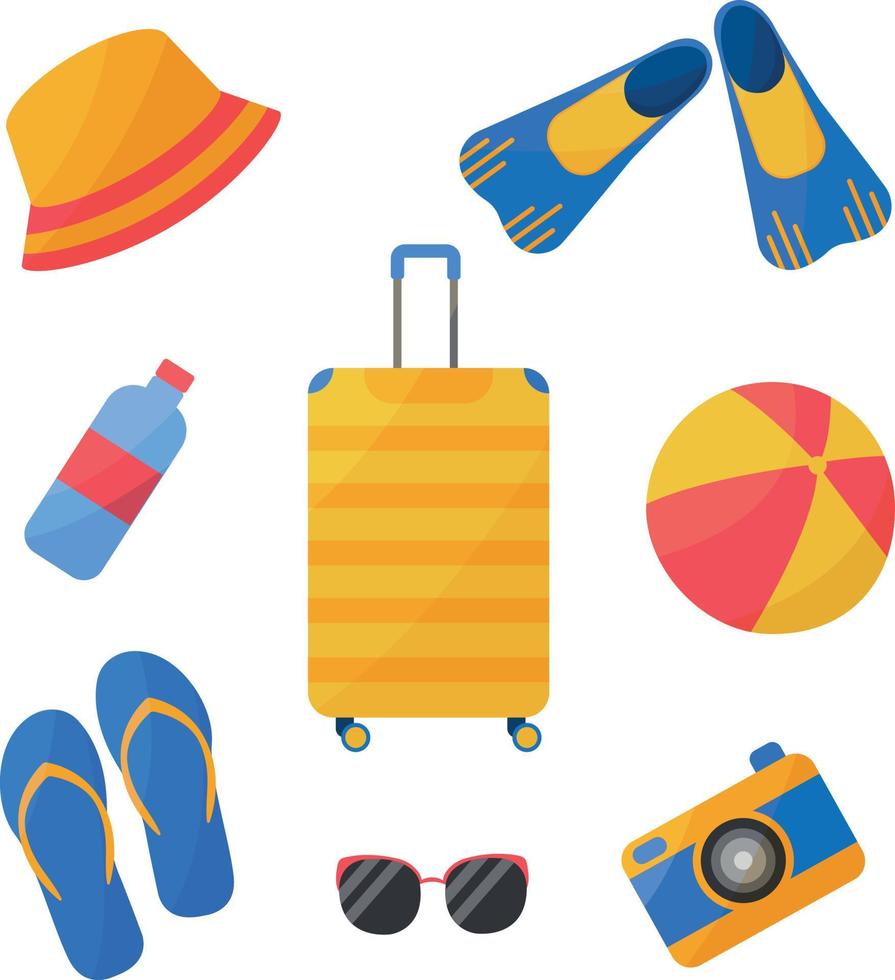 un ensemble de plage d'été lumineux composé d'accessoires pour les voyages et les loisirs. composé d'articles de voyage tels qu'une valise, des palmes, des tongs de plage, des lunettes de soleil. aussi, un chapeau panama, un appareil photo. vecteur