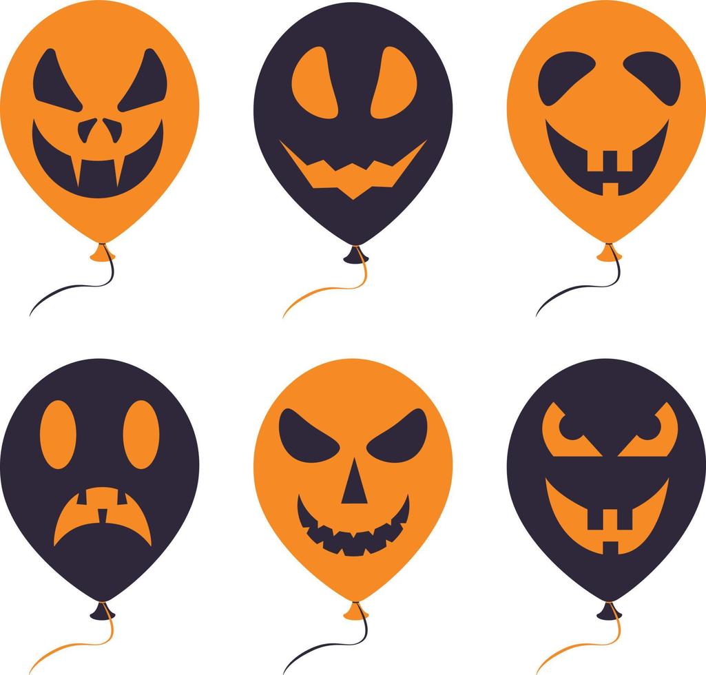 un ensemble lumineux avec des ballons avec diverses grimaces effrayantes symbolisant les vacances d'halloween, les couleurs orange et noir. illustration vectorielle vecteur