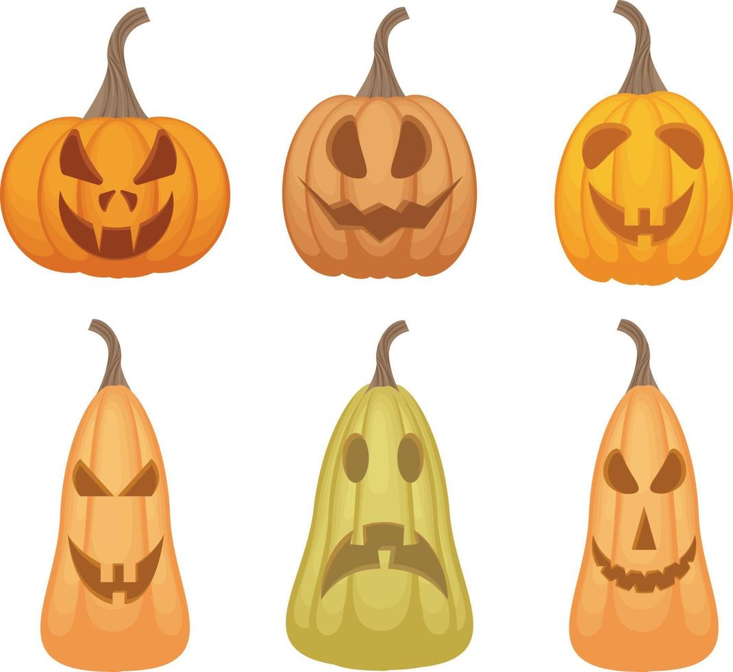 un ensemble festif lumineux avec l'image de citrouilles émotionnelles de différentes formes et couleurs, symbolisant halloween. citrouilles orange avec différentes émotions. la terrible expression sur le visage de jack-o-lantern vecteur