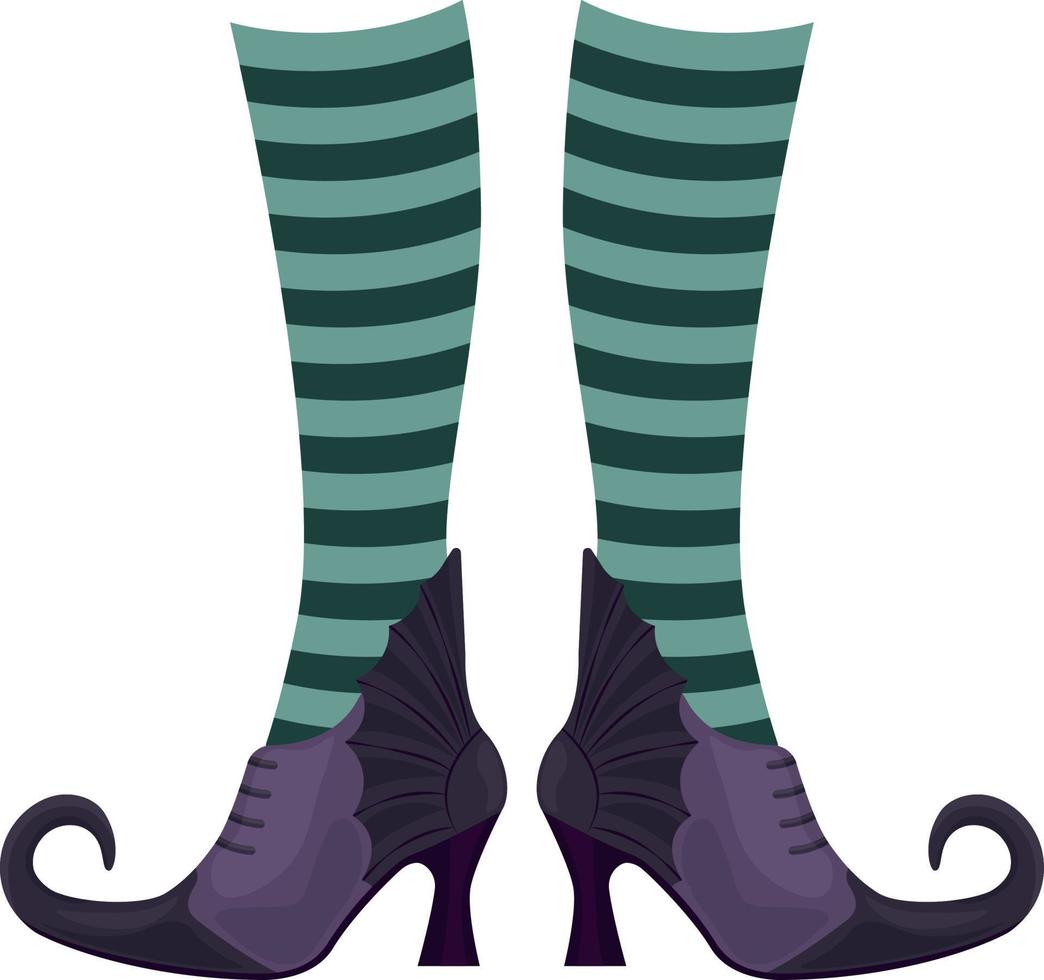 bottes de sorcière de couleur lilas avec des nez pointus dans des chaussettes rayées. les chaussures de la sorcière, symbole d'halloween. illustration vectorielle isolée sur fond blanc vecteur