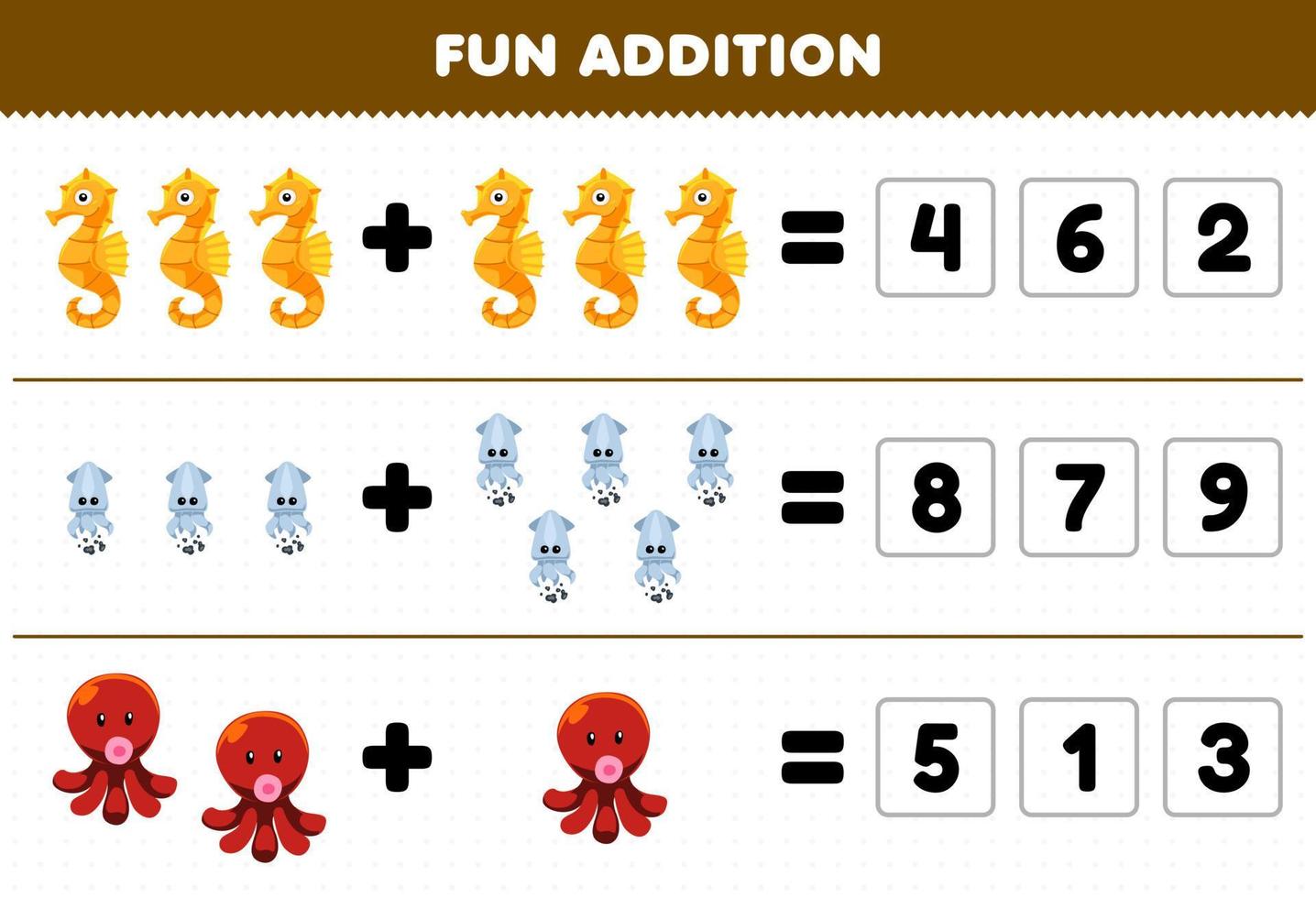 jeu éducatif pour les enfants ajout amusant en devinant le nombre correct de dessin animé mignon hippocampe calmar poulpe feuille de travail sous-marine imprimable vecteur