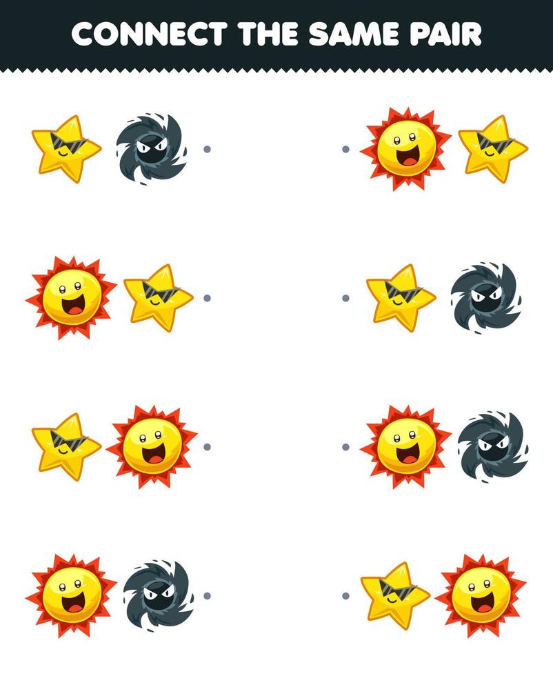 jeu éducatif pour les enfants connectez la même image de dessin animé mignon étoile soleil et paire de trou noir feuille de travail imprimable du système solaire vecteur