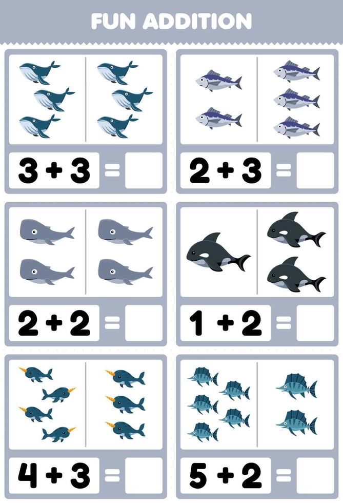 jeu éducatif pour les enfants addition amusante en comptant et en additionnant la feuille de travail sous-marine imprimable de poisson baleine de dessin animé mignon orque narval vecteur