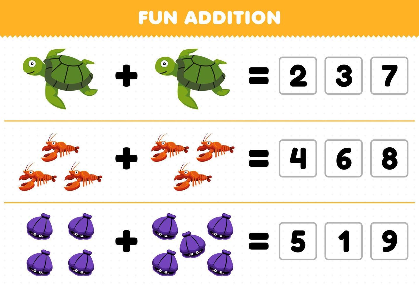 jeu éducatif pour les enfants addition amusante en devinant le nombre correct de feuille de travail sous-marine imprimable de coquille de homard de tortue de dessin animé mignon vecteur