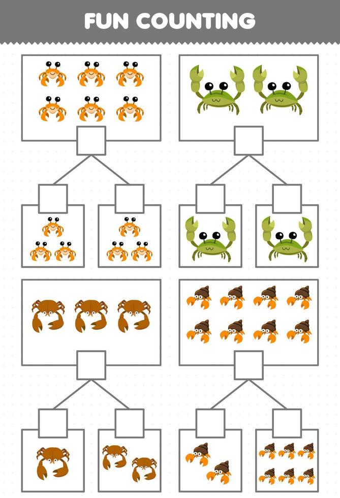 jeu éducatif pour les enfants amusant compter l'image dans chaque boîte de feuille de travail sous-marine imprimable de crabe de dessin animé mignon vecteur