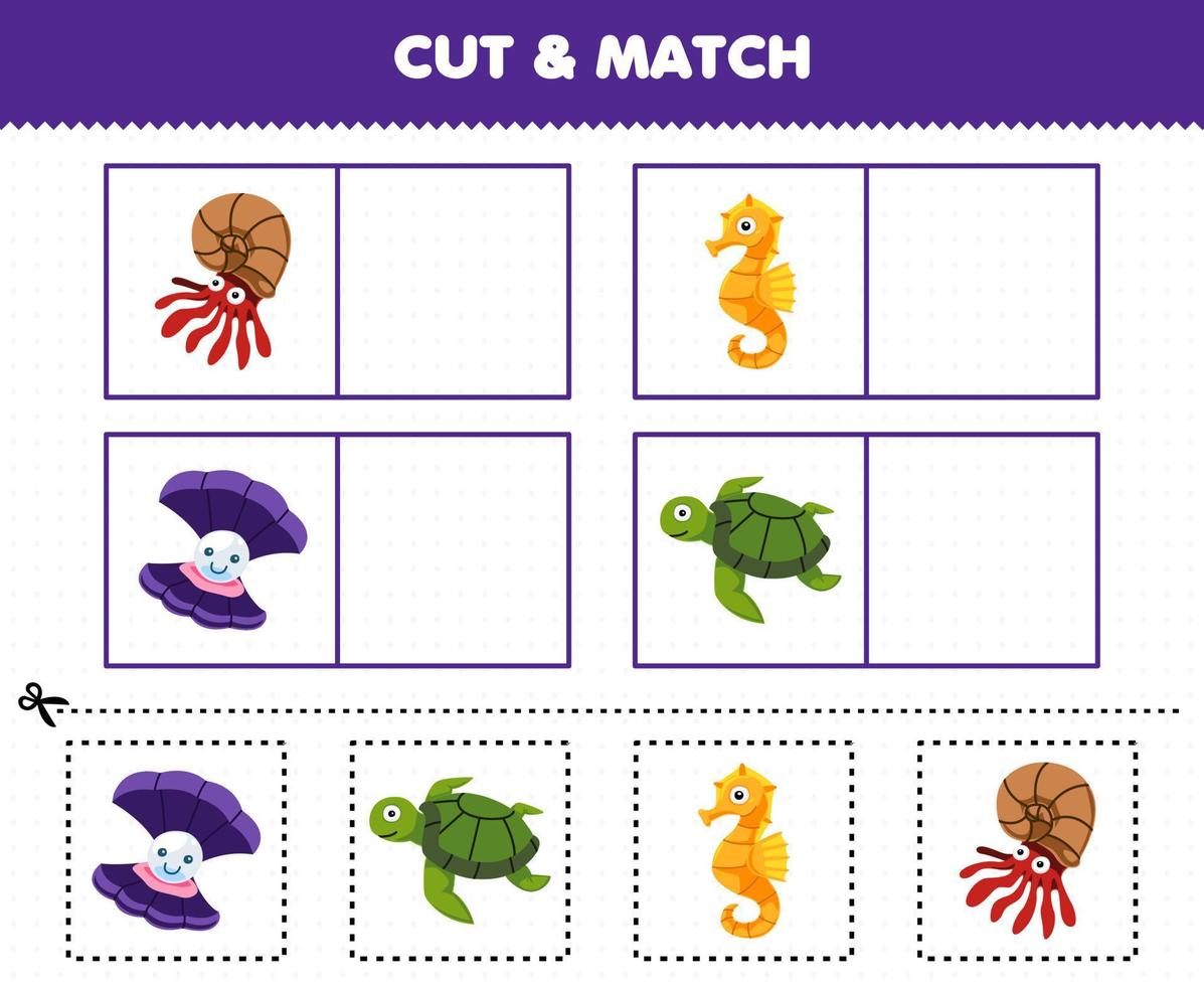 jeu éducatif pour les enfants coupez et associez la même image de feuille de travail sous-marine imprimable de tortue carapace d'hippocampe de dessin animé mignon vecteur
