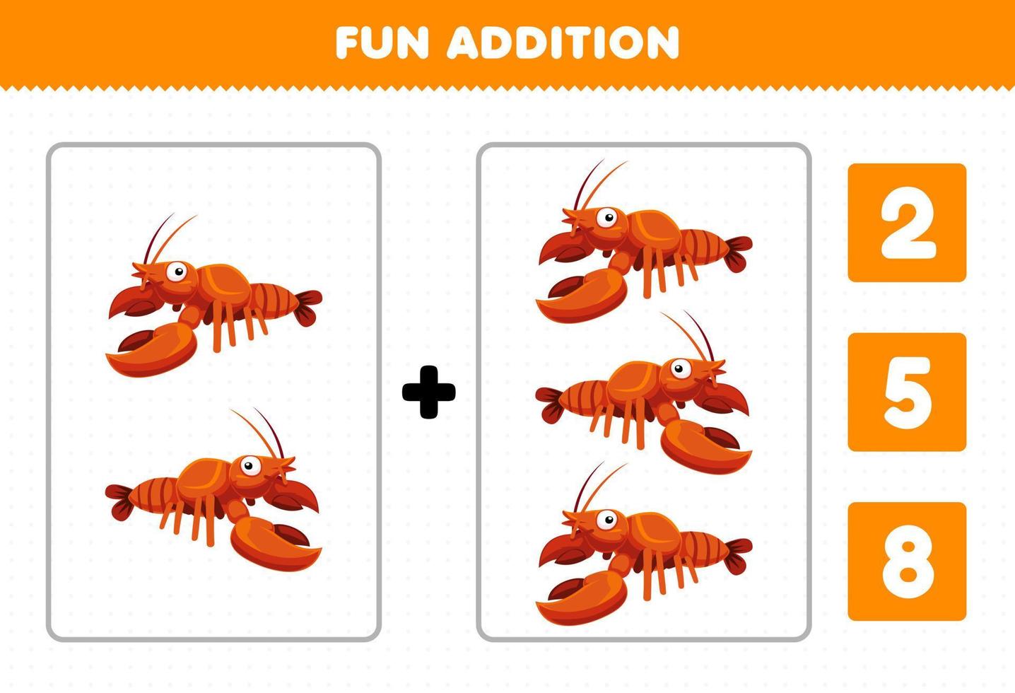 jeu éducatif pour les enfants addition amusante par comptage et choisissez la bonne réponse de la feuille de travail sous-marine imprimable de homard de dessin animé mignon vecteur