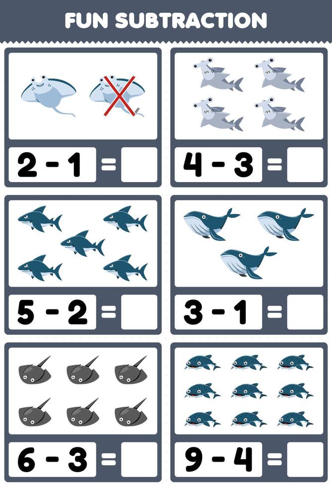 jeu éducatif pour les enfants amusant soustraction en comptant et en éliminant dessin animé mignon manta marteau requin baleine galuchat feuille de travail sous-marine imprimable vecteur