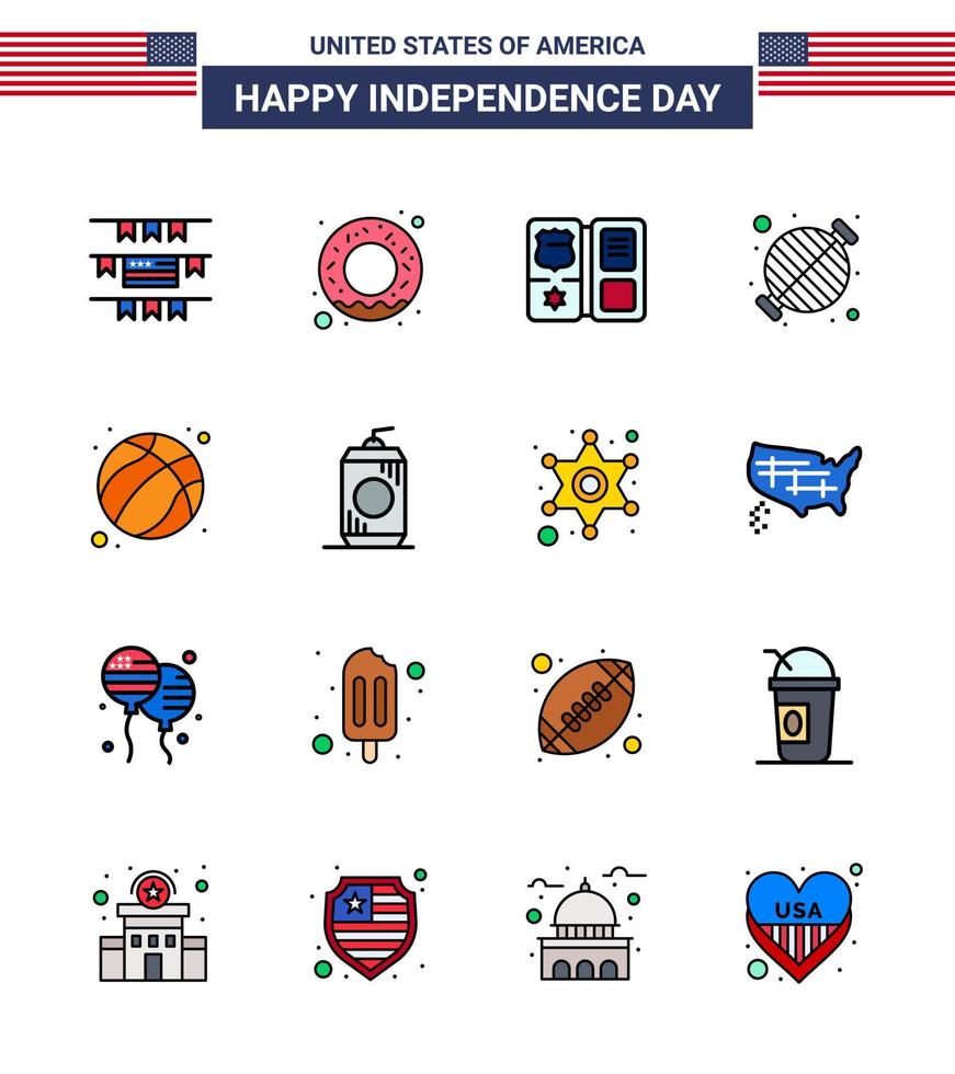 joyeux jour de l'indépendance 16 pack d'icônes de lignes remplies à plat pour le web et l'impression football américain fête américaine barbecue éléments de conception vectoriels modifiables usa day vecteur