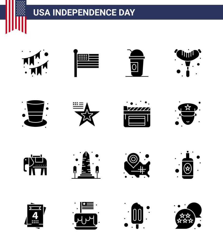 pack de glyphes solides vectoriels modifiables de la journée des états-unis 16 glyphes solides simples de cap sausage états-unis de frankfurter éléments de conception vectoriels modifiables de la journée des états-unis vecteur