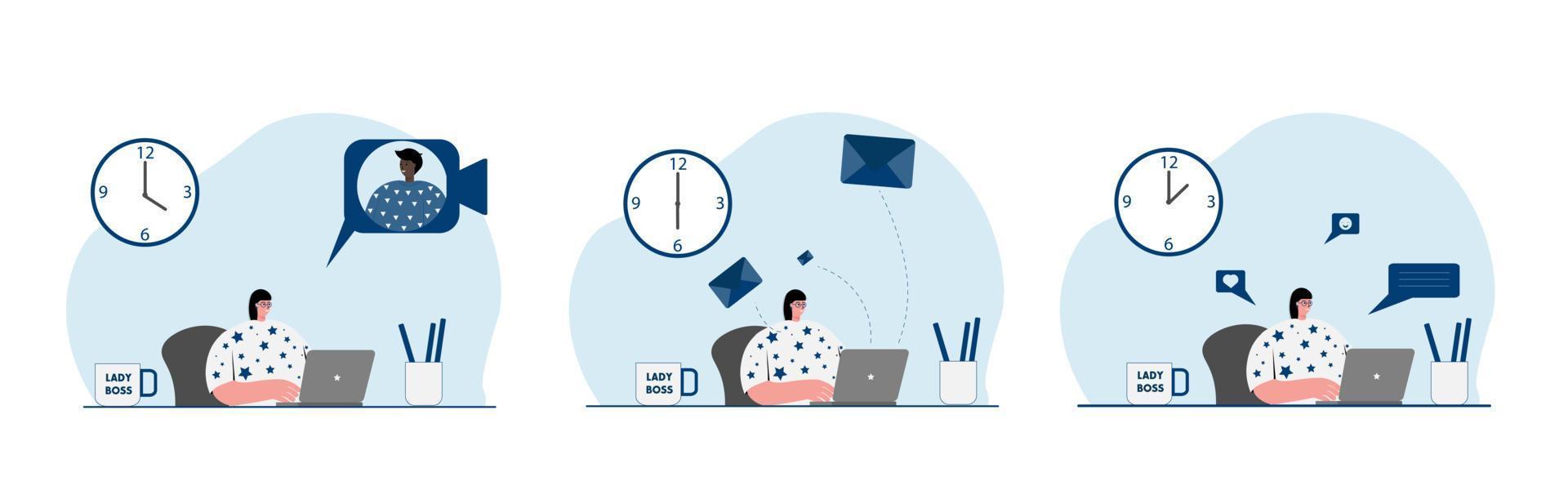 femme heureuse assise au bureau, travaillant, envoyant un message et parlant à d'autres personnes en ligne.set illustration vectorielle vecteur