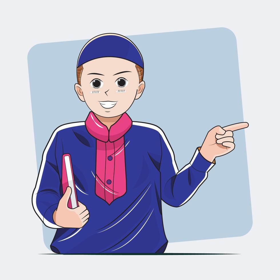 étude musulmane pour enfants. main de garçon pointant le doigt dans le coin gauche avec illustration vectorielle d'expression heureuse téléchargement gratuit vecteur