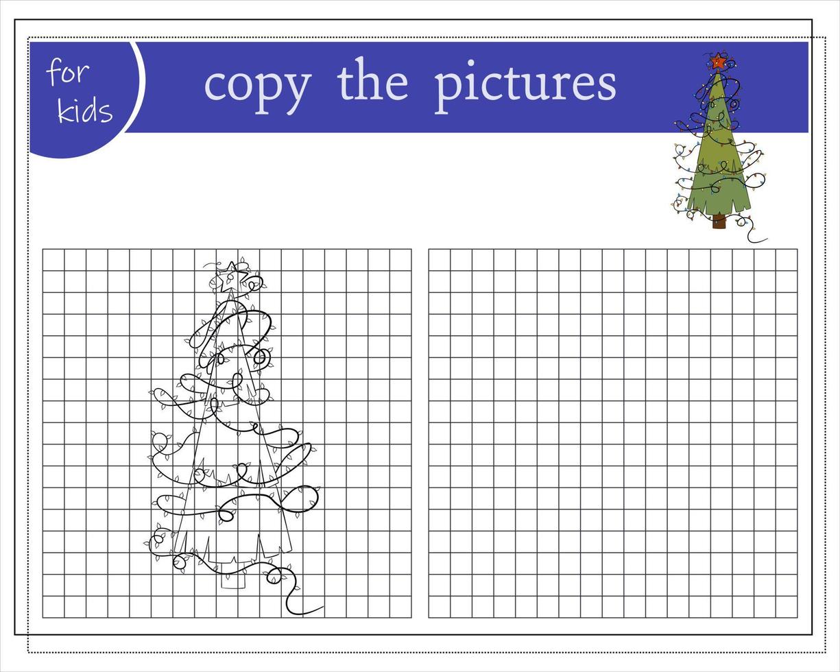 copiez l'image, jeux éducatifs pour les enfants, arbre de noël de dessin animé. vecteur