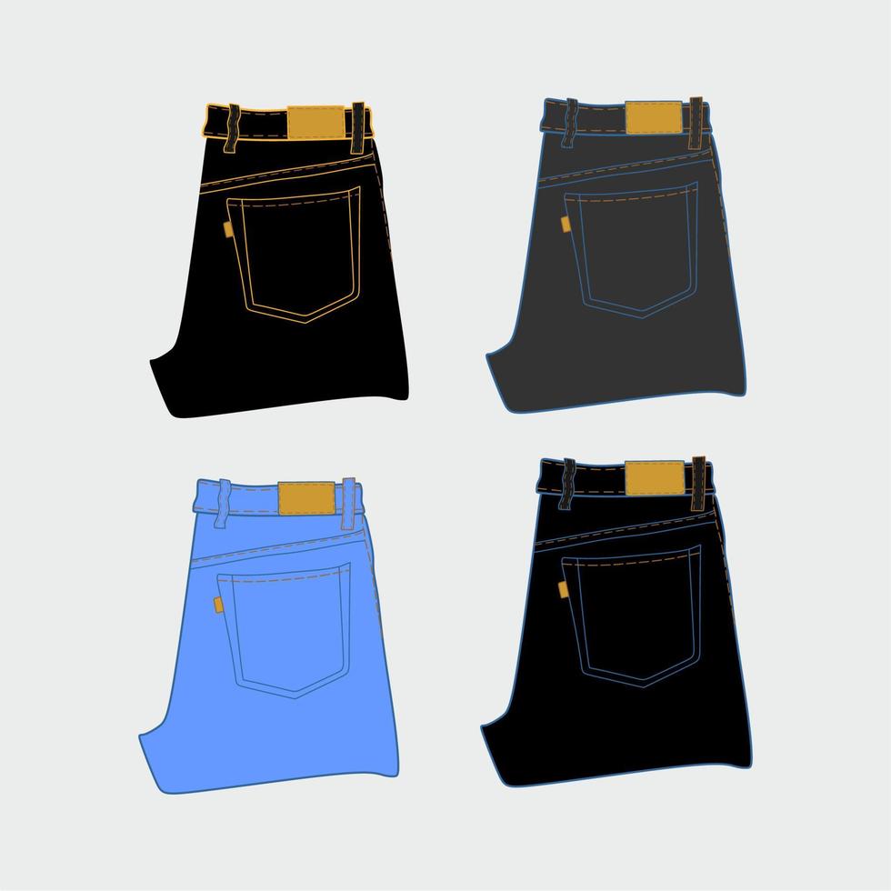 jeans, quatre couleurs noir, bleu, gris. les vêtements sont à la mode. illustration de pantalon. vecteur