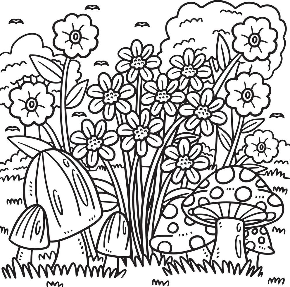 coloriage de champignons et de fleurs de printemps vecteur