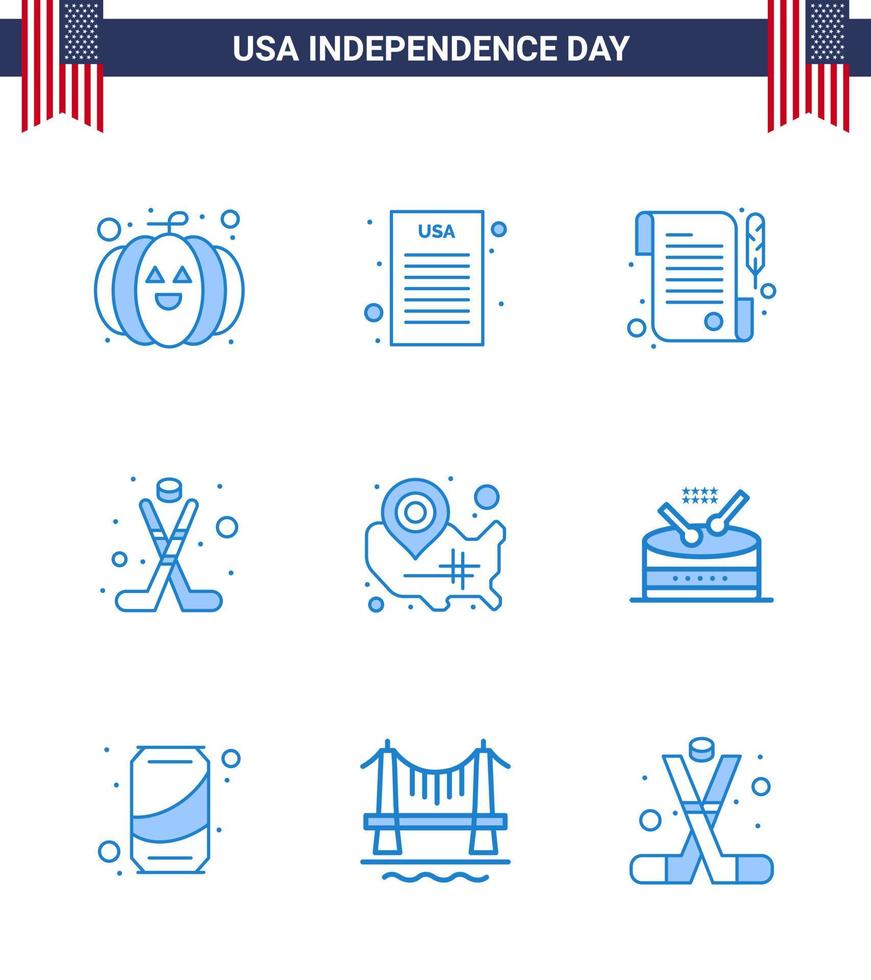 pack bleu de 9 symboles de la fête de l'indépendance des états-unis de l'emplacement pin usa day states sport modifiable usa day vector design elements