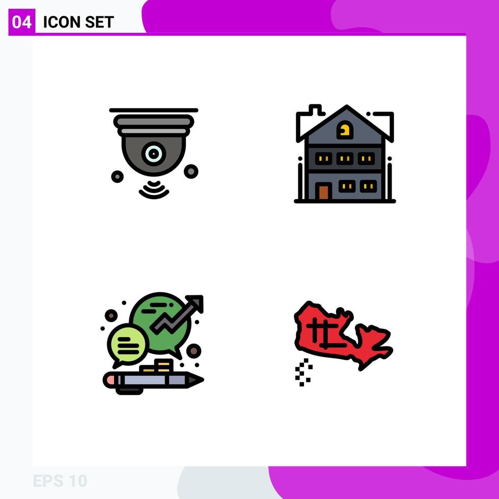 interface mobile filledline couleur plate ensemble de 4 pictogrammes d'éléments de conception vectoriels modifiables de croissance d'appartement iot d'entreprise de caméra vecteur