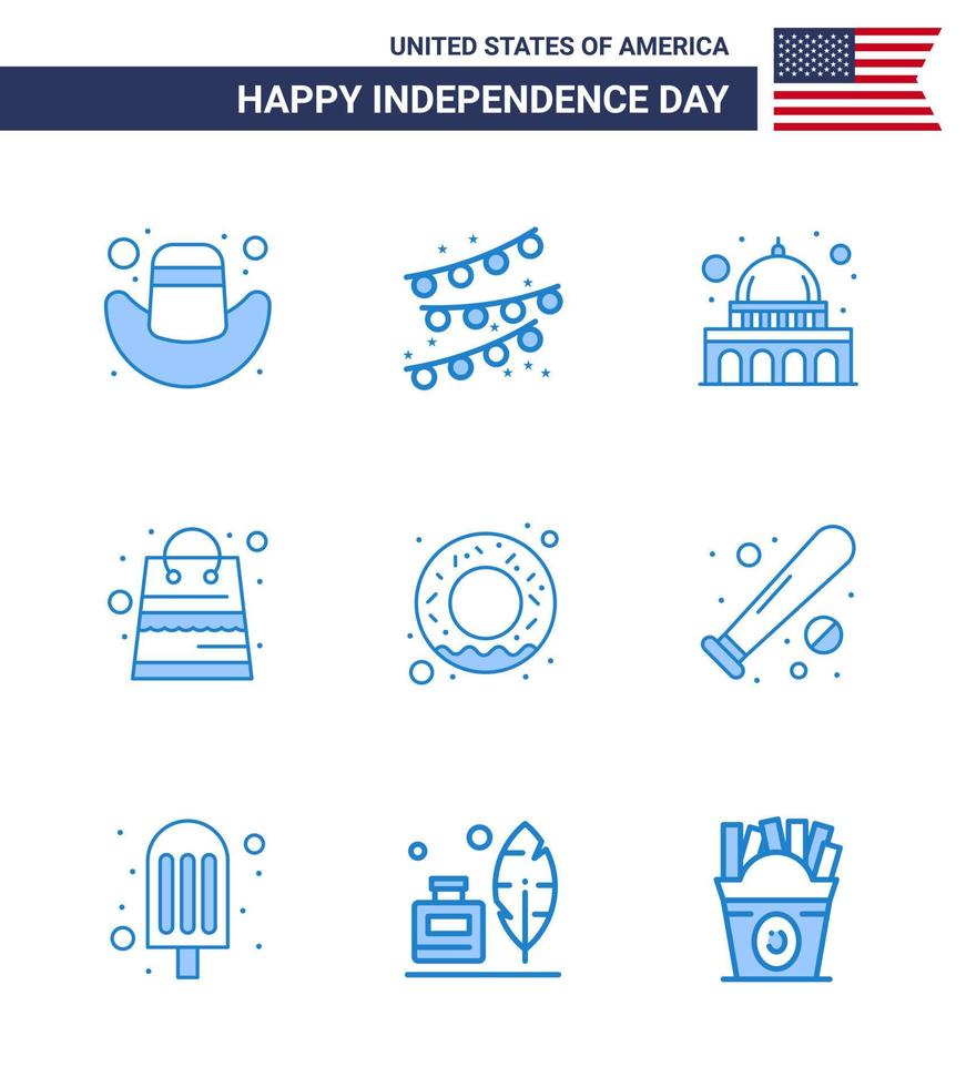 9 usa bleu pack de signes et symboles de la fête de l'indépendance de la nourriture de balle usa donut packages modifiables usa day vector design elements