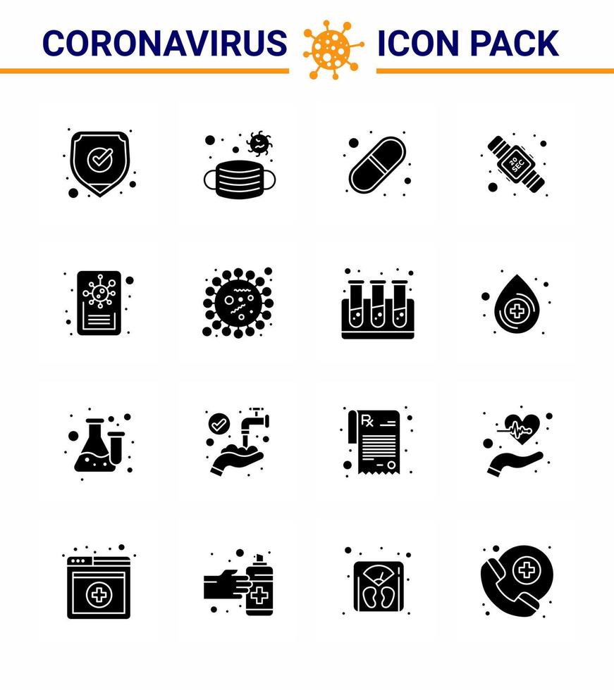 16 pack d'icônes covid19 de coronavirus noir glyphe solide tel que rapport capsule de lavage vingt mains hygiène coronavirus viral 2019nov éléments de conception de vecteur de maladie
