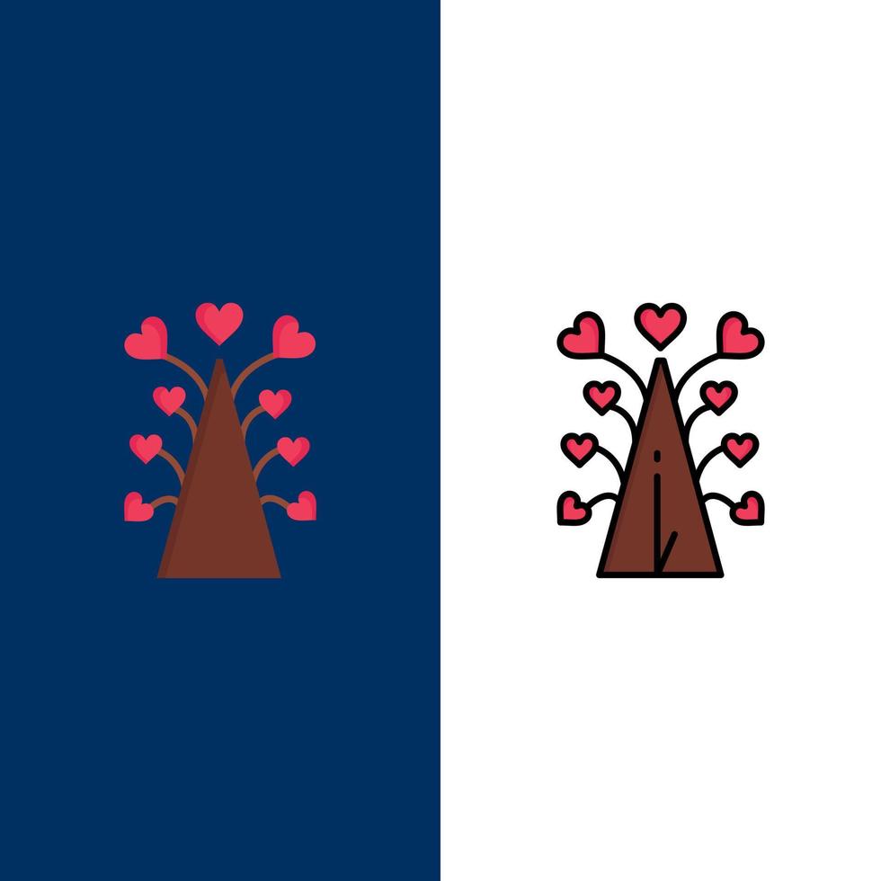 amour arbre coeur saint valentin saint valentin icônes plat et ligne remplie icône ensemble vecteur fond bleu