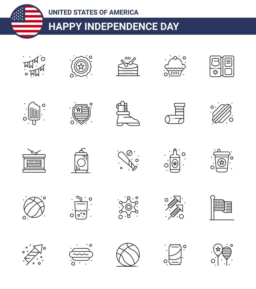 ligne de jour de l'indépendance des états-unis ensemble de 25 pictogrammes américains de gâteau de muffin de tambour de livre américain modifiable éléments de conception de vecteur de jour des états-unis