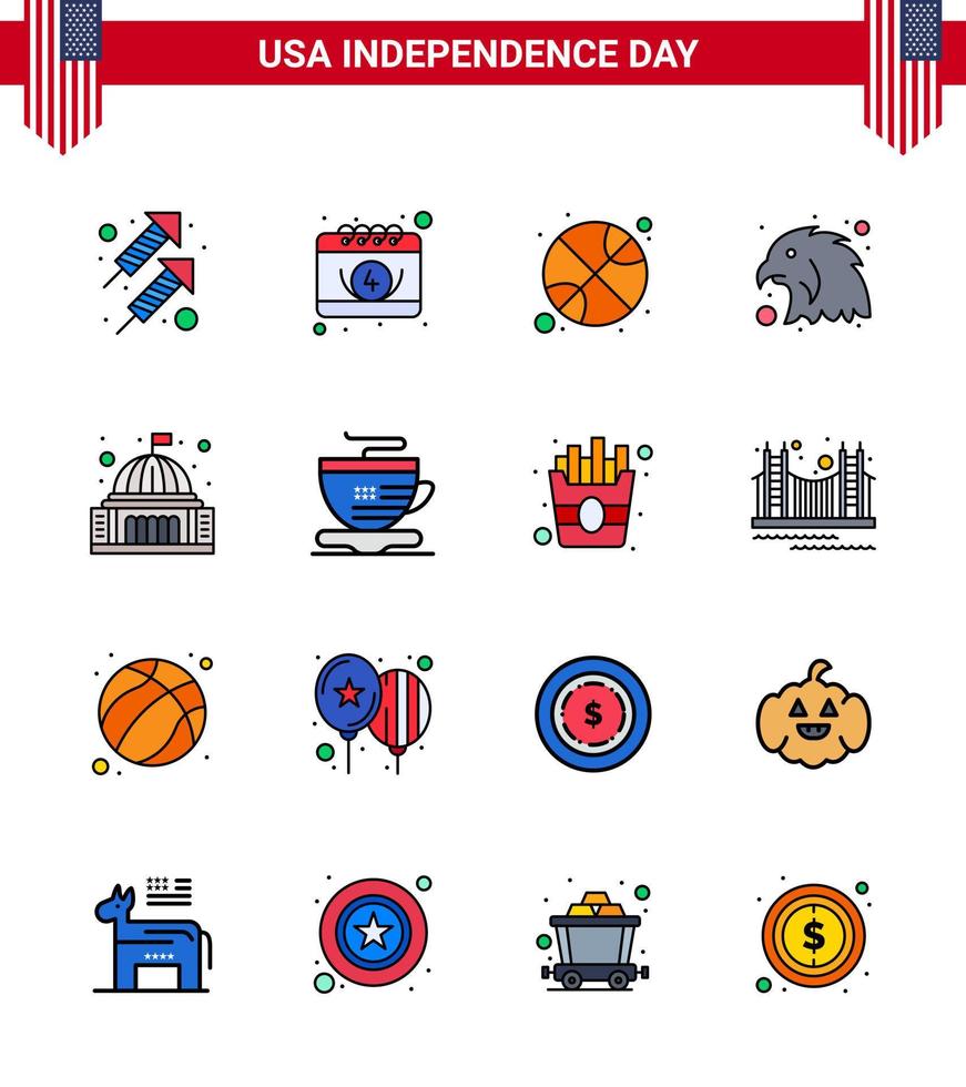 joyeux jour de l'indépendance pack de 16 signes et symboles de lignes remplies à plat pour la place de la maison basket-ball aigle animal modifiable usa day vector design elements