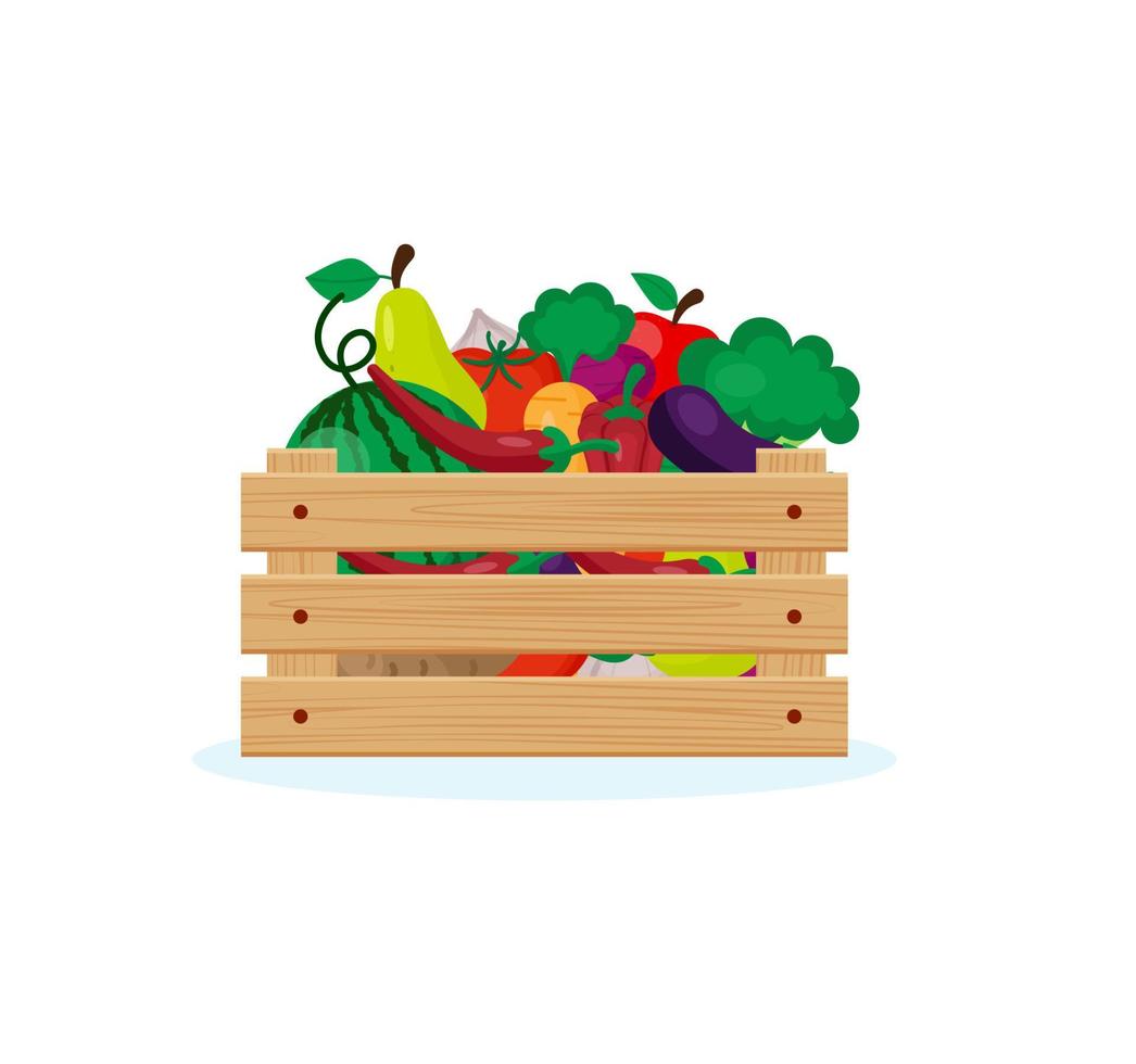 boîte en bois avec fruits et légumes.le concept de l'illustration vectorielle de la fête des récoltes dans un style plat vecteur