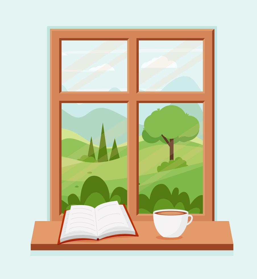 fenêtre de printemps avec paysage avec un livre et une tasse de café sur le rebord. illustration vectorielle dans un style plat vecteur