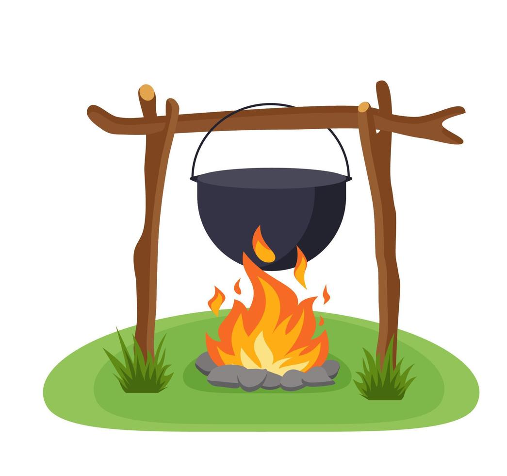 chaudron sur feu de camp pour la cuisine en plein air isolé sur fond blanc. illustration vectorielle dans un style plat. vecteur