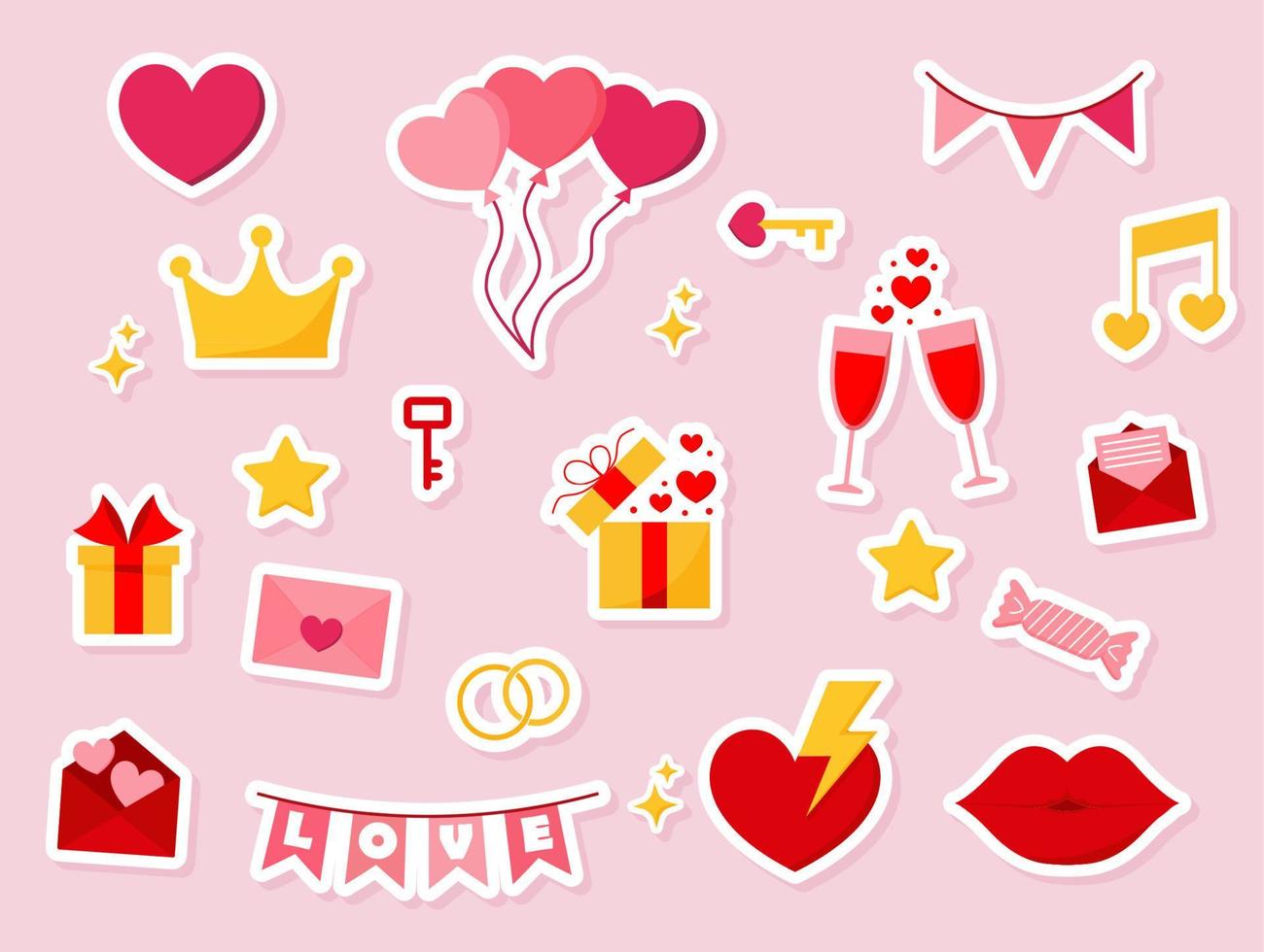 autocollant élément de la saint valentin. cadeau, coeur, ballon, bisou, clé, rose, bonbons et autres pour la décoration. style de dessin animé d'illustration vectorielle. vecteur