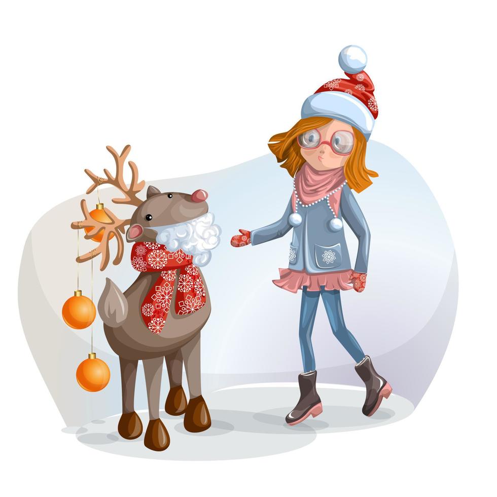 image vectorielle d'une fille surprise qui a rencontré un cerf avec les symboles du nouvel an et de noël vecteur