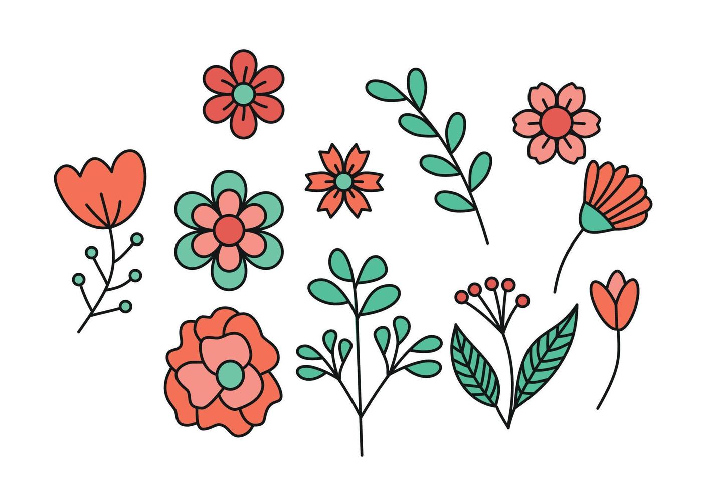 ensemble de fleurs et feuilles dessinées à la main nouveau design. illustration vectorielle vecteur